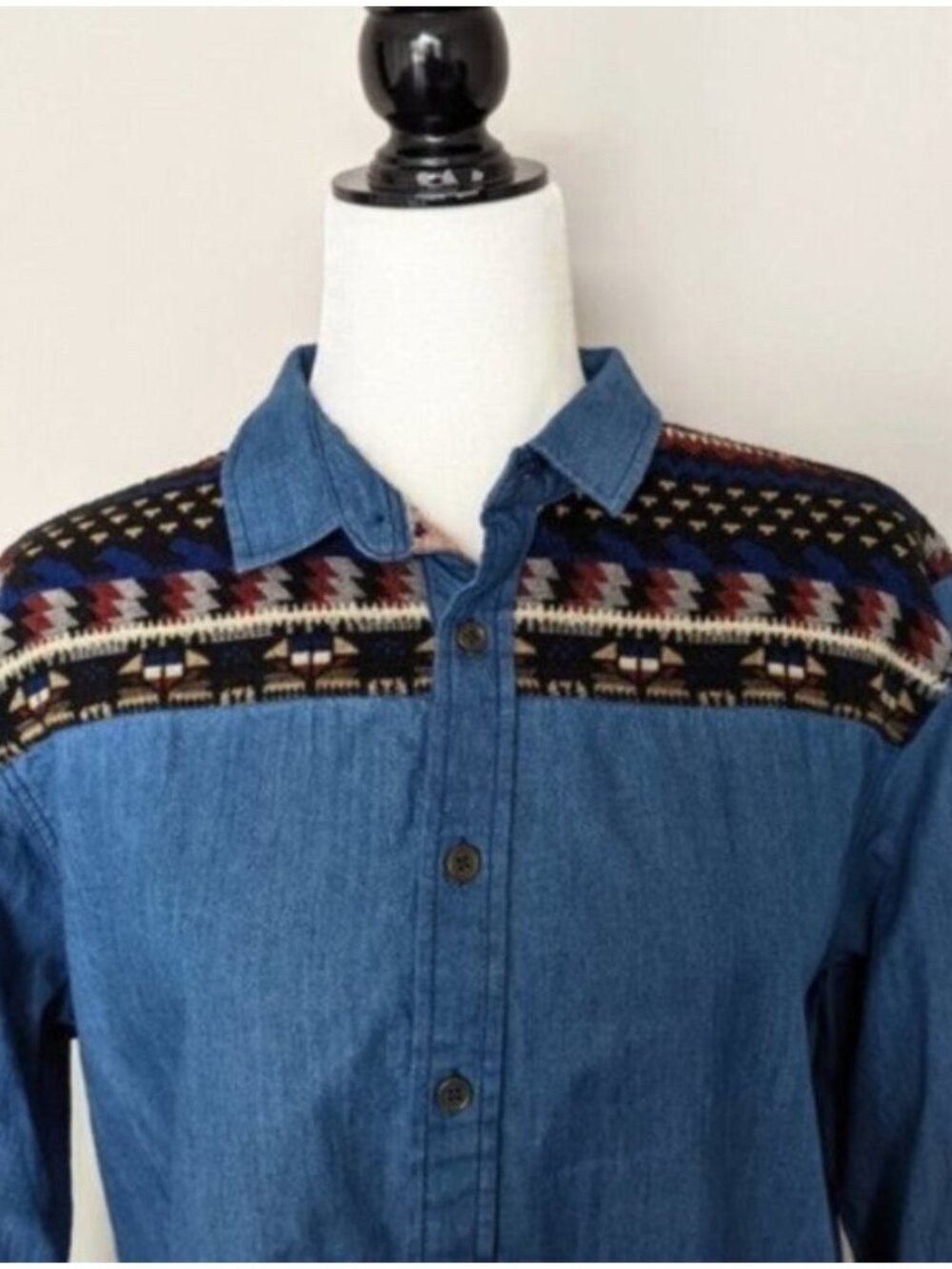Brave Soul embroidered Aztec denim long sleeve button down shirt